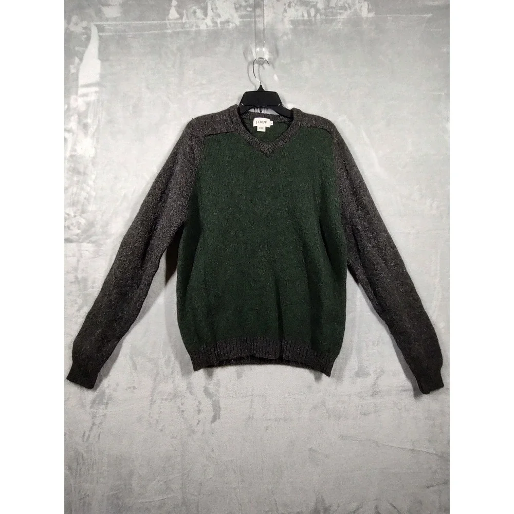 J.Crew Mens XL Wool V-Neck Sweater Green Grey Colorblock Textured Knit Pullover